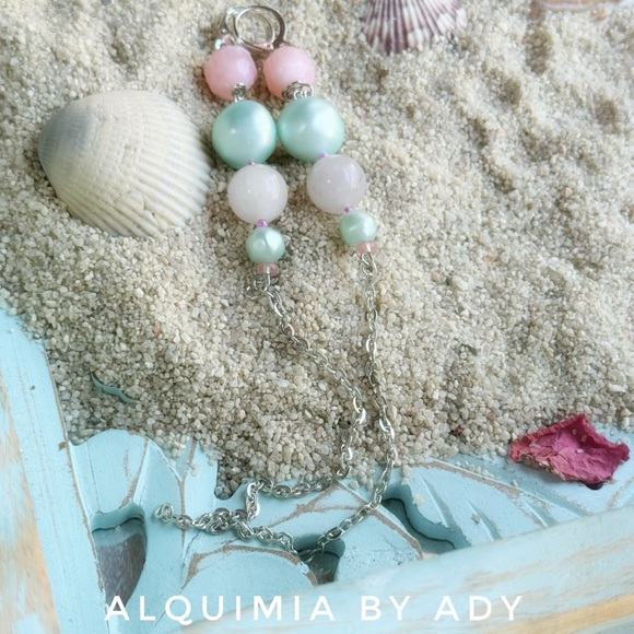 SHOULDER DUSTER EARRINGS | Mint pearls pink quartz silver X_Long CLAVICLE 🧜♀️ - Picture 4 of 4